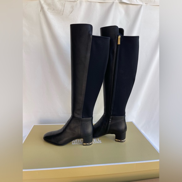 Michael Kors Black Knee-High Boots size 8.5 new with box leather/ fabric black - Picture 1 of 17